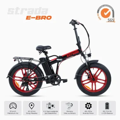 Strada E-Bro 7-V HD Elektrikli Katlanır Fat Bike - Kırmızı-Siyah