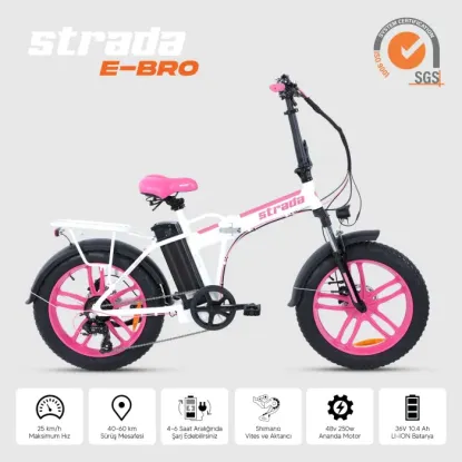 Strada E-Sis 7-V HD Elektrikli Katlanır Fat Bike - Pembe-Beyaz